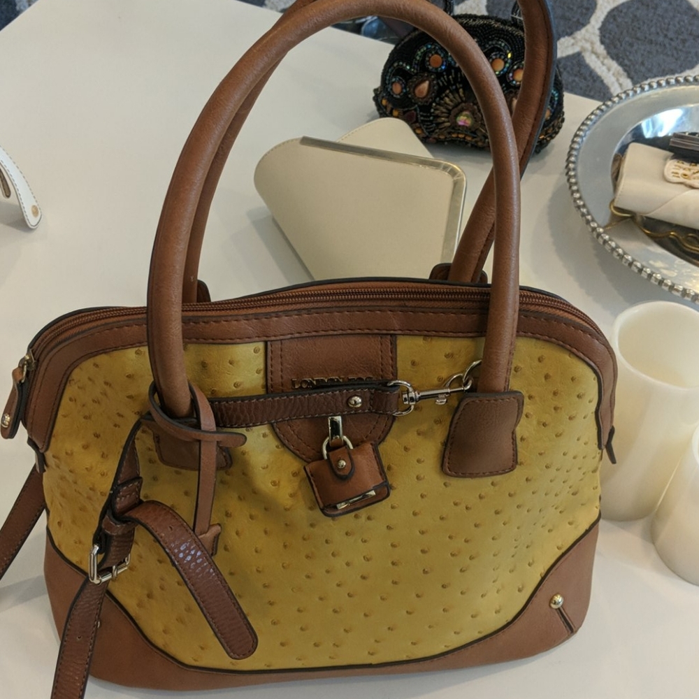 London fog mustard and camel leather tote handbag